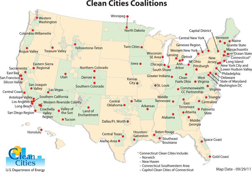 Clean Cities Coalitions Nearly 100 Clean Cities Coalitions in 45 states. 13,000 Stakeholders Nationwide 775,000 AFVs using alternative fuels and supporting infrastructure. Averted 5.