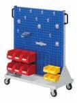Mobile storage for material and tools in workshop, production and assembly area Modular design with 3 different heights Alterations such as exchanging slotted or perforated panels are possible any