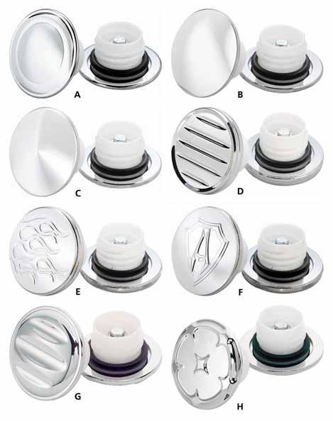 Gas Gap & Cover SPINNER GAS CAPS FOR SCREW- IN STYLE GAS TANKS These chrome plated spinner gas caps fit all screw-in style gas tanks with single-bung, or on the right side of tanks with dual screw-in