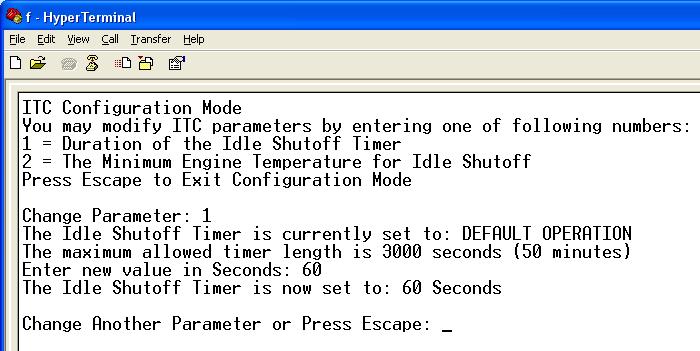 Appendix A (cont) ITCEMS950 Reconfiguring the Minimum Engine Shut Down Temperature and Shut Down Times (cont) In the next HyperTerminal window, several of the default parameters for the Port Settings