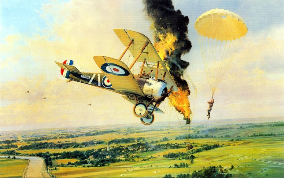 Sopwith Camel bursting a balloon, Arras, France, August 1918. The Germans gave balloon crews and pilots parachutes in 1918.