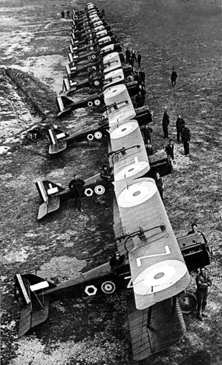 A line-up of SE5 aircraft. Australian Flying Corps, France, 1917.