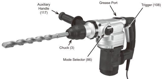 Main Parts of Hammer Drill Subassembly Auxiliary Handle Grease Port Trigger Chuck Mode Selector