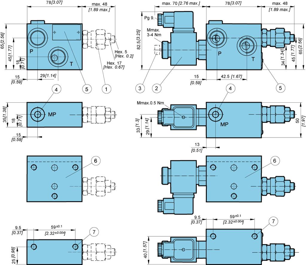 Directional control valves - Hydraulic components Dimensions OB-KVM-6 OB-KVM-6-VV OB-KVM-6-VV...-KV... 1. Pressure relief valve 2. Pump unloading valve 3.