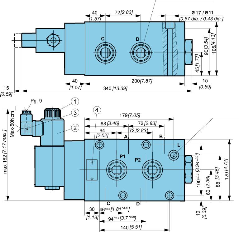 Directional control valves - Hydraulic components Dimensions KV-6/2-16-...-G1/G1/4 Threaded connections M A, B, C, D, P1, P2 1.