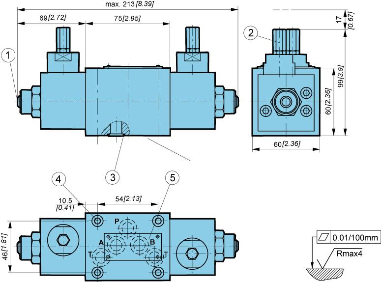 Directional control valves - Hydraulic components Dimensions Size 6 Connection diagram and connecting dimensions to ISO 4401 1. Emergency manual override 2.