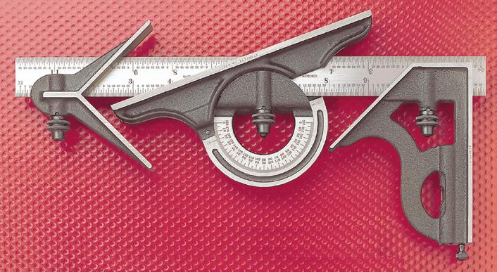 STAR TOOL SUPPLY / GRAND TOOL SUPPLY COMBINATION SQUARE SETS - 4PC WITH SQUARE HEAD, CENTER HEAD, AND REVERSIBLE PROTRACTOR HEAD STARRETT SERIES 434, 435: With reversible lock bolt, scriber, spirit