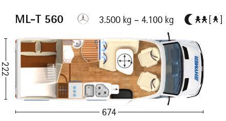 Main highlights of ML-T 560: Extra-large transverse bed in rear (200 x 160 cm/146 cm) Full-length 40 cm