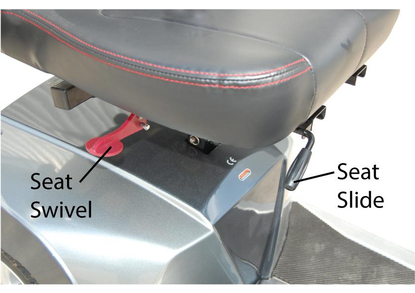 Seat Swivel & Seat Slide The seat has a lockable swivel base to allow easier transfers. Simply lift the lever and rotate the seat at the same time.