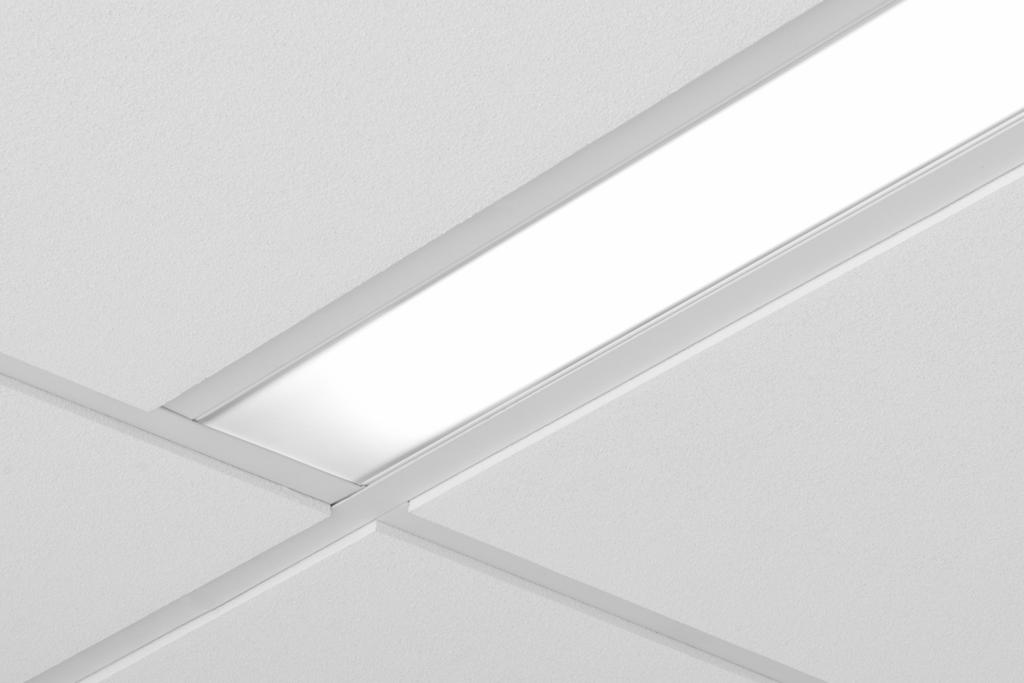 grid seem features Narrow " aperture slot fluorescent luminaire that integrates with the ceiling for a clean unobtrusive