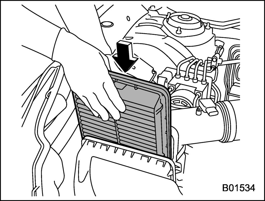 6 L models 1) Clips 1. Unsnap the two clips holding the air cleaner case (rear). the air cleaner element.