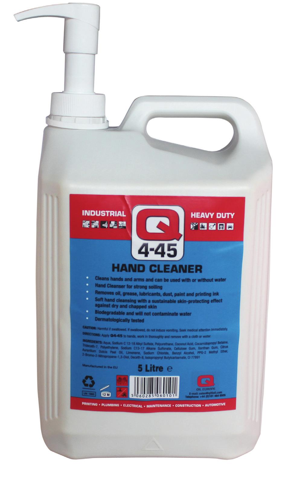 4-45 hand cleaner Removes oil, grease, wet paint, printing ink & bitumen Safe, antiseptic & nonabrasive Also cleans PVC floor tiles, plastic goods & enamel products Product information Q4:45 is based