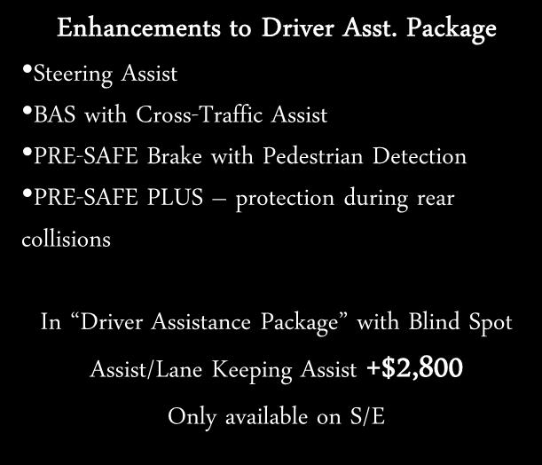Package Steering Assist BAS with Cross-Traffic Assist PRE-SAFE Brake with Pedestrian Detection PRE-SAFE PLUS