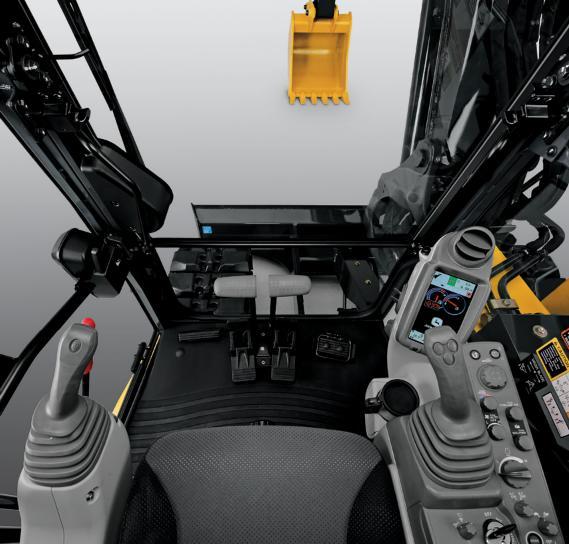 With large self-cleaning steps and wide entryways, getting in and out of our excavators has never been easier. 3 Spacious cab is comfortable and noticeably quiet.