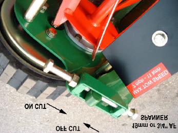 Make sure that the brackets are adjusted equally so that a level cut will result. Guides holes drilled in the side plates of the mower frame can be used as an aid to the equal setting of the brackets.