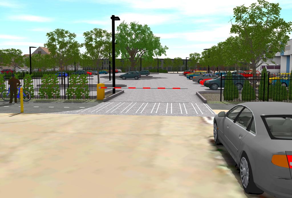 crossings and high visibility markings - Traffic control gate at parking lot entrance to