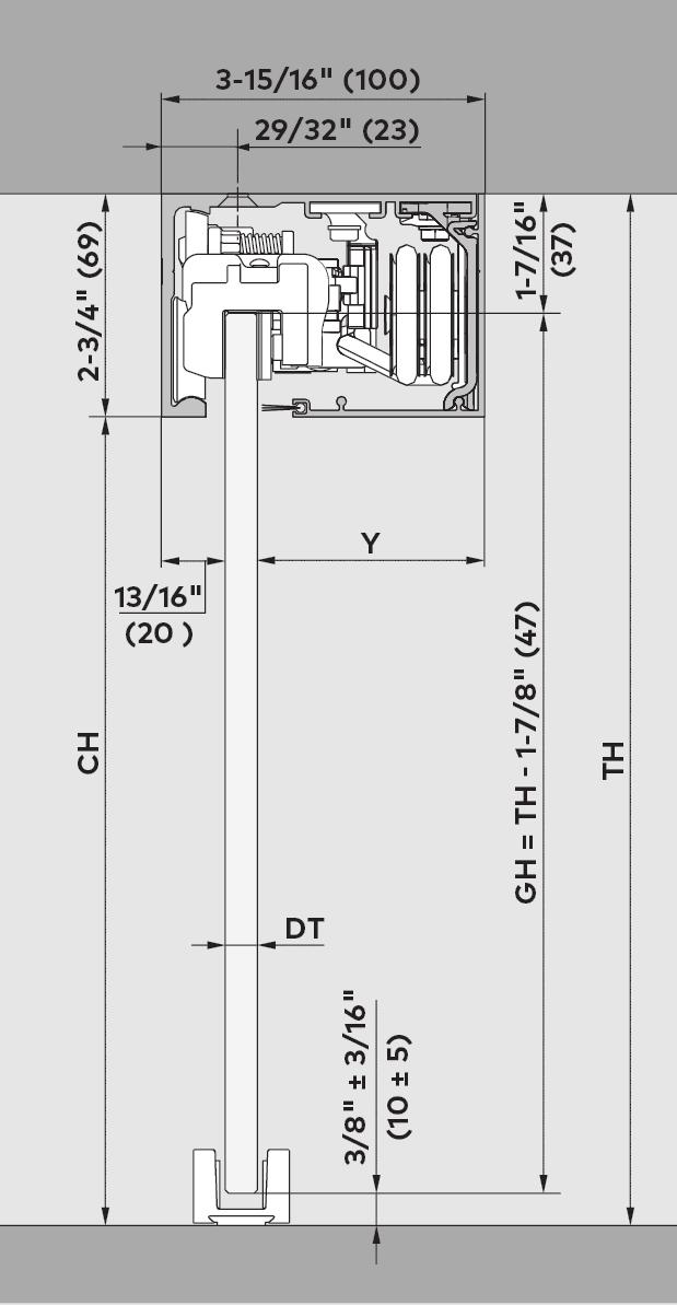 weight of door s 264 lb (120 kg) Calculation of glass height (CE-S) GH = TH 1-7/8" (47) max 118-1/8" (3000) Calculation of glass DW = CW + 2-3/8" (60) XL 120 SC min DW 33-1/2"(850) max DW max 2P DW 2