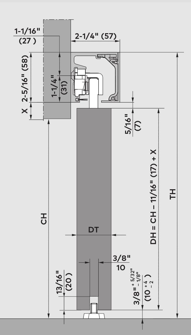 dormakaba MUTO Premium & Comfort manual sliding door system Comfort M 50 DORMOTION (DM) / M 50 Typical assemblies for wood doors TL = 2 x DW TL = 2 DW 1-3/16" (30) 1-3/16" (30) 1-3/16" (30) 1-3/16"
