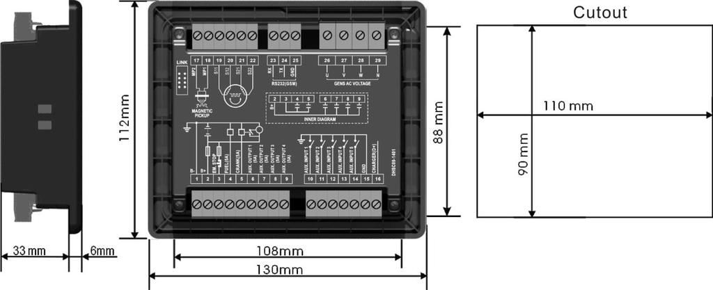 12.2 OVERALL DIMENSION AND PANEL CUTOUT 1) Battery Voltage Input HSC940 controller can suit for widely range of battery voltage DC(8~35)V. Negative of battery must be connected with the engine shell.
