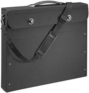 Features a 4" wide gusset, four protective chrome studs on the spine, two full-width inside pockets, and twin zippers that open fully on all three sides.