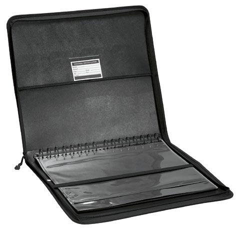Ergonomic leather handle is hinged, spine mounted, and folds flat for seamless presentations.