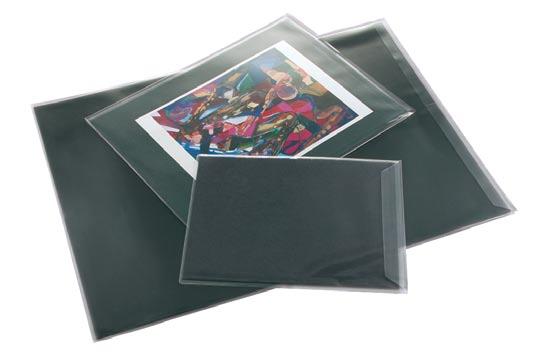 010" crystal-clear vinyl, heat sealed on three sides. Designed to fit standard art size sheets and portfolios.