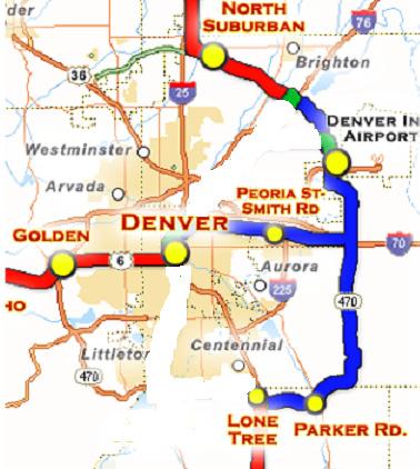 (miles) Avg Speed (Mph) Travel Time (min) Distance (miles) Avg Speed (Mph) Travel Time (min) Distance (miles) Avg Speed (Mph) North Suburban - Denver 14 24 103 30 46 92 44 46 63 DIA-Denver 13 23 106