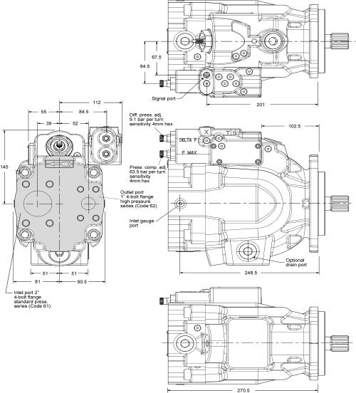 Series P2 P2075 Rear port Pump shown is a clockwise rotation P2075 series pump with load sense and max. pressure. CCW pump will have inlet and outlet gauge ports reversed.