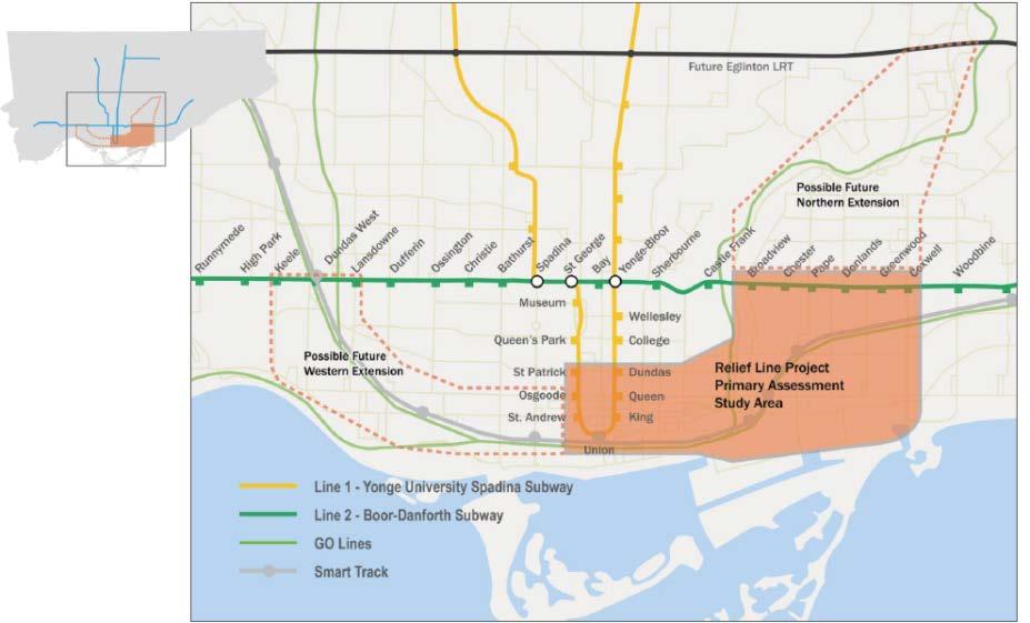City of Toronto Relief Line Project Assessment Determining preferred station locations and alignment for a future Relief Line Study area is focused between Downtown Toronto and the Danforth Subway