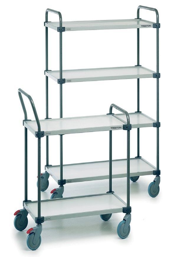 Load capacities: max 150kg/ trolley and max.50kg / shelf. Four Shelf Trolleys: Shelf adjustments between 215-1340mm. Load capacities: max 300kg /trolley and max.50kg/ shelf.