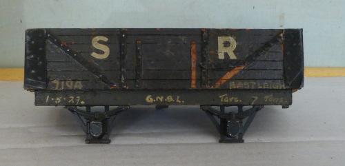 1.357 Other non-hornby 0-gauge Wagons - U.K. Unidentified, believed built from a kit, 7-plank Open Wagon, finished black with 'S.R. lettering.