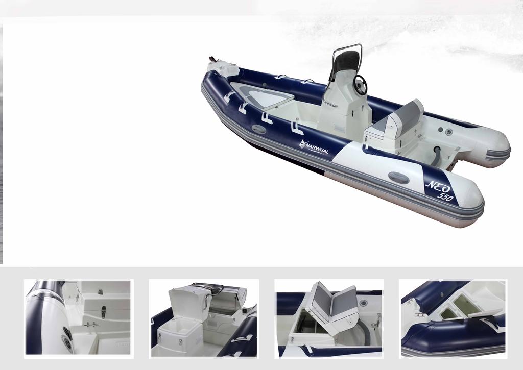 STANDARD EQUIPMENT Buoyancy tube PVC White or grey GRP hull Stern seat with upholstery Foldable console Bow locker for Neo 550 Double Bow locker for Neo 620 GRP bow mooring line guide Boarding ladder