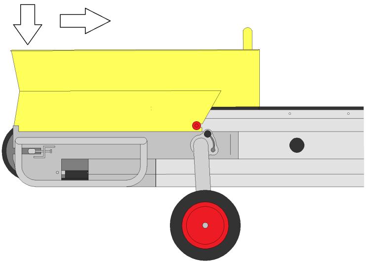 Lift base of machine, pull black locking pin. (Fig. 1.) Push wheels into position and let go of pin.