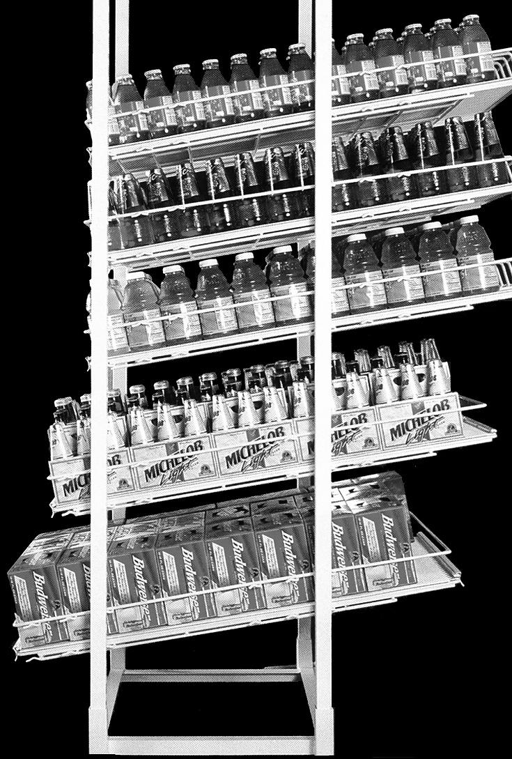 TM Super Slide-Trac three-position adjustable gravity-flow shelves available in epoxy-coated white or black, and includes price tag molding Package includes base assembly and posts required for