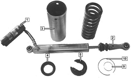R3. PULL SHOCK 1 Remove the shock absorber from the bike (see M1-M3). 2 See picture A. Compress the spring using a spring removal tool (G). Compress until clip (10) is visible.