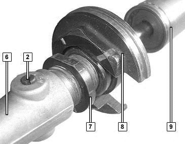 Compress until clip ring (9) is visible. Remove clip (9) from the shock. 4 Unscrew the lock nut (7) while holding the preload ring (8). Remove the preload ring (8) and ring (4) followed by the spring.