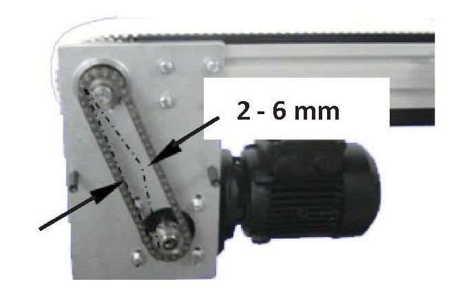 Proper tension should allow 2 to 6 mm of chain movement on the side.
