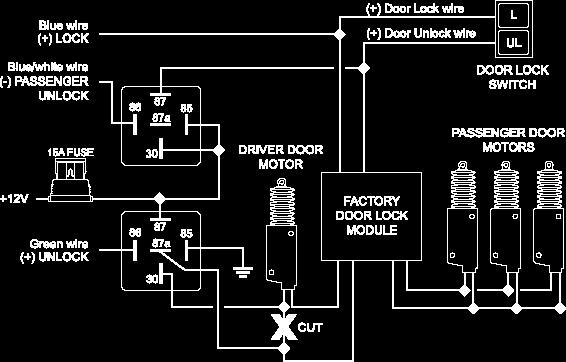 When connected as shown below, disarming the system will unlock only the driver s door.