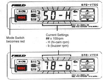 "Setting Mode" Can adjust the hi-cam switchover point in 100 RPM increments, and can also adjust the RPM buzzer (warning tone).