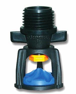 Multi-level throw, approximate angle: 10º Color-coded nozzles for easy size identification Flow rates: 0.42 to 2.61 gpm [97 to 576 L/hr] Operating pressures: 15 to 35 psi [1.