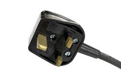 twist lock plug for 125V twist lock outlets, NEMA L6-15 15 amp twist lock plug for 240V twist lock outlets, British BS1363 13 amp fused 3-blade plug for United Kingdom outlets, or a two pin 16 amp