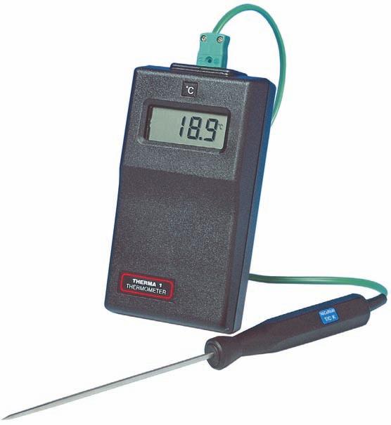 to +1370 C with a 0.1 C or 1 C. The Therma 1 measures temperature with a of either 0.1 C or 1 C (switchable). The Therma 12 measures temperature with a of 0.1 C over the entire measurement of -29.