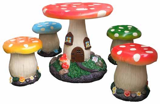 Mushroom Furniture Set Fibreglass Table: H 68 x Ø 64cm Chair: H 35 x Ø 35cm UV stable Supplied in two boxes KD Test certificate available upon request Water based