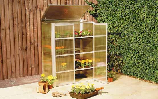 Aluminium Grow House Aluminium H 100 x D 39 x W 76cm Twin doors and a removable hinged lid for easy access & convenience Shatterproof twin-wall 3mm polycarbonate glazing 9