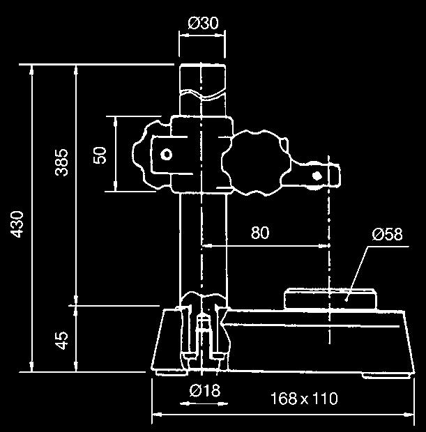 Column: Ø 30 mm Table dimensions: Ø 58 mm Base size: 168 x 110 mm Throat: 65 mm Fine adjustment: 1 mm with locking Optional