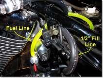 The 5/16 x 26 ½ hose (shown here in green) will attach to the 'small' side of Fuel Filter after routing the line as follows: Start with the Fuel Valve end by securing to the middle nipple on Fuel