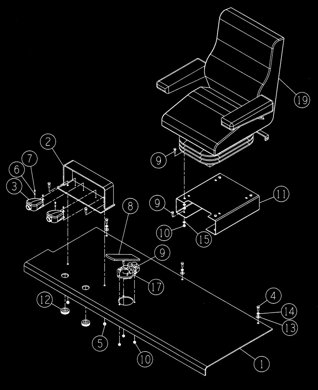 FIGURE 1-1. TRAVEL STATION SUSPENSION SEATS NO. NO. DESCRIPTION MACHINE 1 56233622. PLATFORM, Operator... 1 2 38042330. MOUNTING, Dual Foot Switch... 1 3 78893500. SWITCH, Foot w/packard Connection.