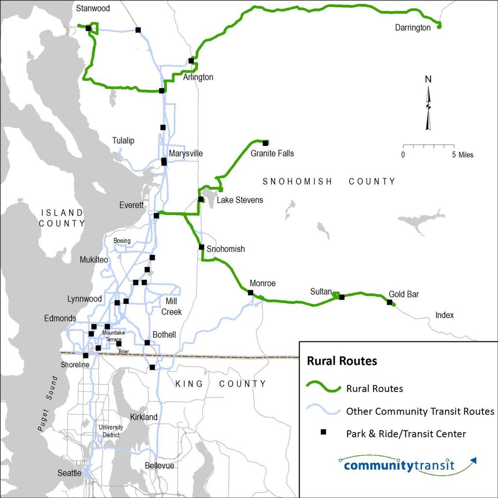 SERVICE CHARACTERISTICS Rural Routes In less-densely populated areas of north and east Snohomish County, rural routes provide important connections between