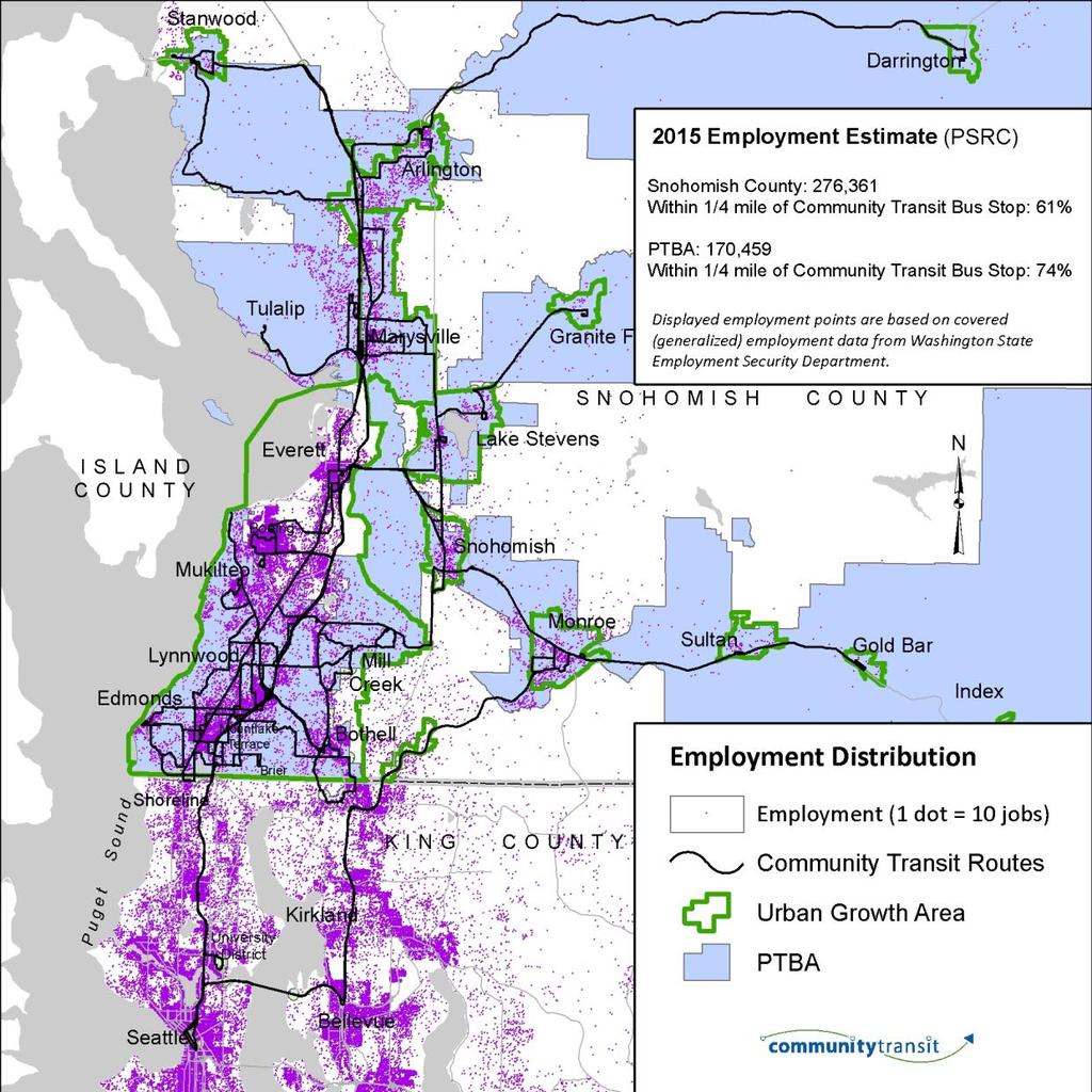 SYSTEM PERFORMANCE In 2015, the Puget Sound Regional Council estimated Snohomish County employment to be 276,361,000 jobs. PSRC identified 170,459 of these jobs as being in the PTBA.