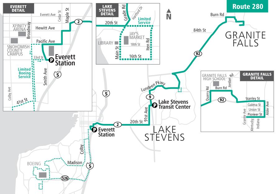 SERVICE PLAN Route 280 Realignment Route 280 peak hour trips ending in Lake Stevens will have a shorter turnaround to/from 20th Street.